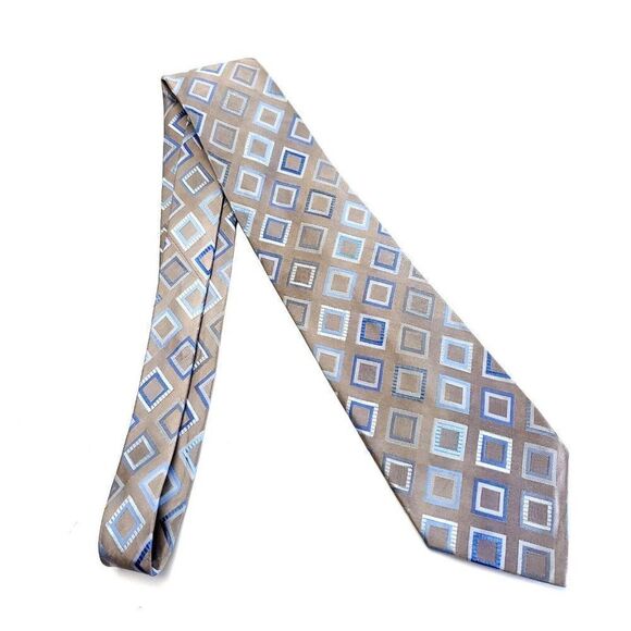 Croft &‎ Barrow Beige Blue Woven Geometric Silk Tie Stain Resistant - Picture 7 of 7
